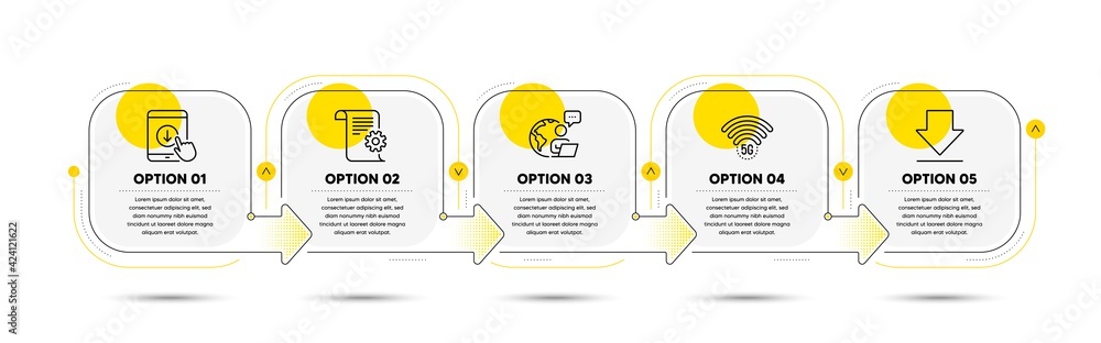 Poster downloading, scroll down and 5g wifi line icons set. timeline process flowchart. technical documenta