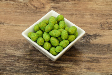 Spicy wasabi peanuts in the bowl