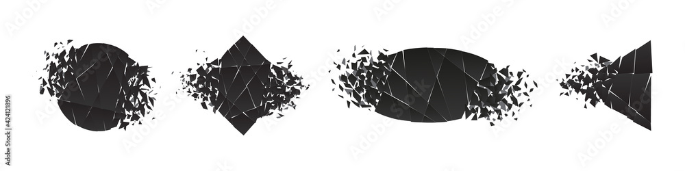 Poster shape shattered and explodes flat style design vector illustration set isolated on white background.