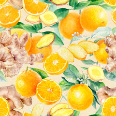 Watercolor seamless pattern orange fruit ginger on a craft paper background.