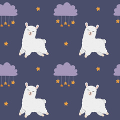 Seamless pattern with sleeping alpaca, clouds and stars in the sky. Background for wrapping paper, textile, posters, nursery decoration. Cute llama © Alina