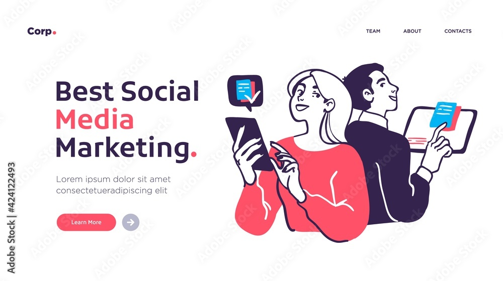 Aufkleber landing page template of social media marketing. modern flat design concept of web page design for w