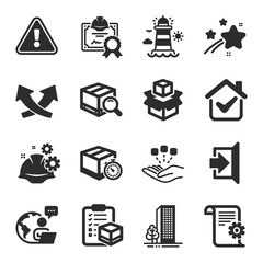 Set of Industrial icons, such as Consolidation, Buildings, Lighthouse symbols. Delivery timer, Intersection arrows, Search package signs. Parcel checklist, Working process, Exit. Vector