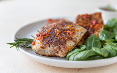 Fried turkey or chicken breast served with orange sauce, spinach and rosemary on a plate, light concrete background. Healthy balanced food.