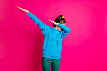 Photo of young funky funny girl dancing dab cover close face street style dance isolated on pink color background