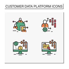 Customer data platform color icons set. Audience segments, transactional data, behavioral date. Customer data concepts. Isolated vector illustrations