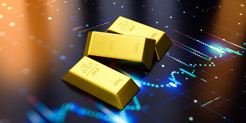 3D rendered currency exchange values on global stock markets concept: Three gold bars or golden ingots in front of financial data analysis board with copy space. Investment, banking and business.