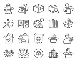 Industrial icons set. Included icon as Open box, Office box, Packing boxes signs. Cogwheel, Package location, Builders union symbols. Buildings, Evaporation, Lighthouse. Engineer. Vector