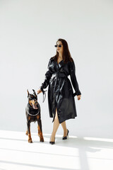 Full length body size photo of beautiful woman in trench coat walking with doberman dog on white...