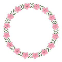 Vector round wreath of pink blooming flowers and green leaves. The frame has place for text inside.