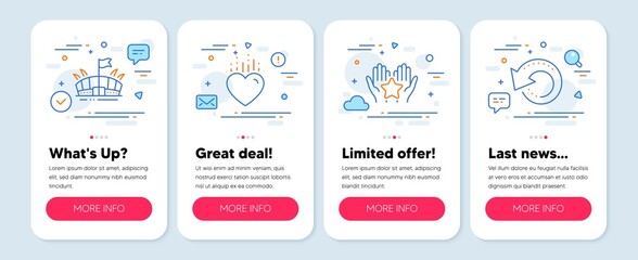 Set of Business icons, such as Heart, Arena, Ranking symbols. Mobile screen banners. Recovery data line icons. Love, Sport stadium, Hold star. Backup info. Heart icons. Vector