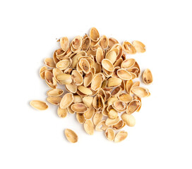 Pile of pistachios husks isolated on white background