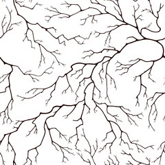 Seamless pattern of branches. Dark silhouettes of dry twigs without leaves. Monochrome drawing on an isolated white background.