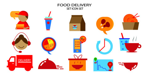 Set of Food Delivery Related Vector Icons. Contains Icons like Courier, Food Box, Contactless Delivery, fast food and more.