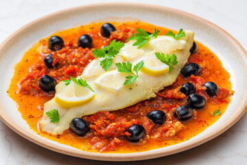 cod on tomato sauce with black olives