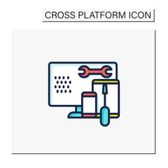 Coding toolkit color icon. Software development tools. Instruments for creating programming code. Computer, wrench, screwdriver. Digitalization concept. Isolated vector illustration