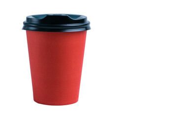 Red paper cup with plastic lid on a white background, copy space from the right