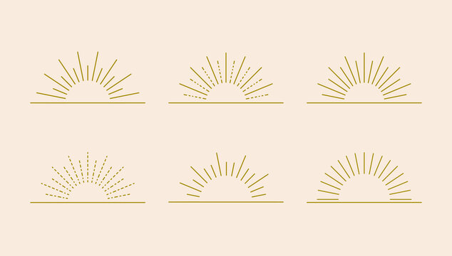 Vector set of linear boho geometric sun shines, sun logo design templates, abstract shining suns, retro style, golden color.
