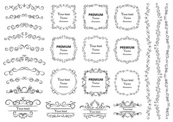 Calligraphic design elements . Decorative swirls or scrolls, vintage frames , flourishes, labels and dividers. Retro vector illustration