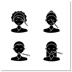 Cosmetic injection glyph icons set.Beauty correction. Rejuvenation. Forehead, chin, nose injections. Cosmetic procedure concept.Filled flat signs. Isolated silhouette vector illustrations