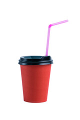 Red paper cup with plastic lid and straw on white background vertical format