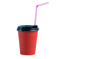 Red paper cup with plastic lid and straw on white background horizontal format, copy space from the right