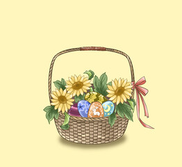 Fototapeta na wymiar Colorful illustration, sunflowers and easter eggs in a basket, digital art.