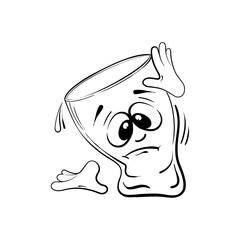 Vodka shot glass - a funny character, in the style of a study. The situation when I got drunk. The vector is isolated on a white background.