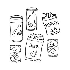 set of chips snack isolated on white background. chips in the box and can package. crispy potato slice. salty taste. hand drawn vector. doodle art for logo, label, clipart, coloring, advert, branding.