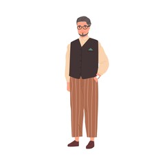 Portrait of elegant senior gray-haired man in modern casual clothes. Aged employee in stylish trousers, shirt, waistcoat and eyewear. Colored flat vector illustration isolated on white background
