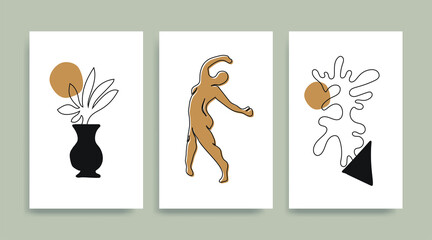 Woman figure dancing silhouette line art Matisse painting. Black golden reproduction of painting. Contemporary Henri Matisse abstract vector poster. Geometric vase shape collage.