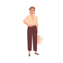 Portrait of smiling businesswoman standing in formal stylish clothes. Woman in trousers and blouse. Mature employee in modern outfit. Colored flat vector illustration isolated on white background
