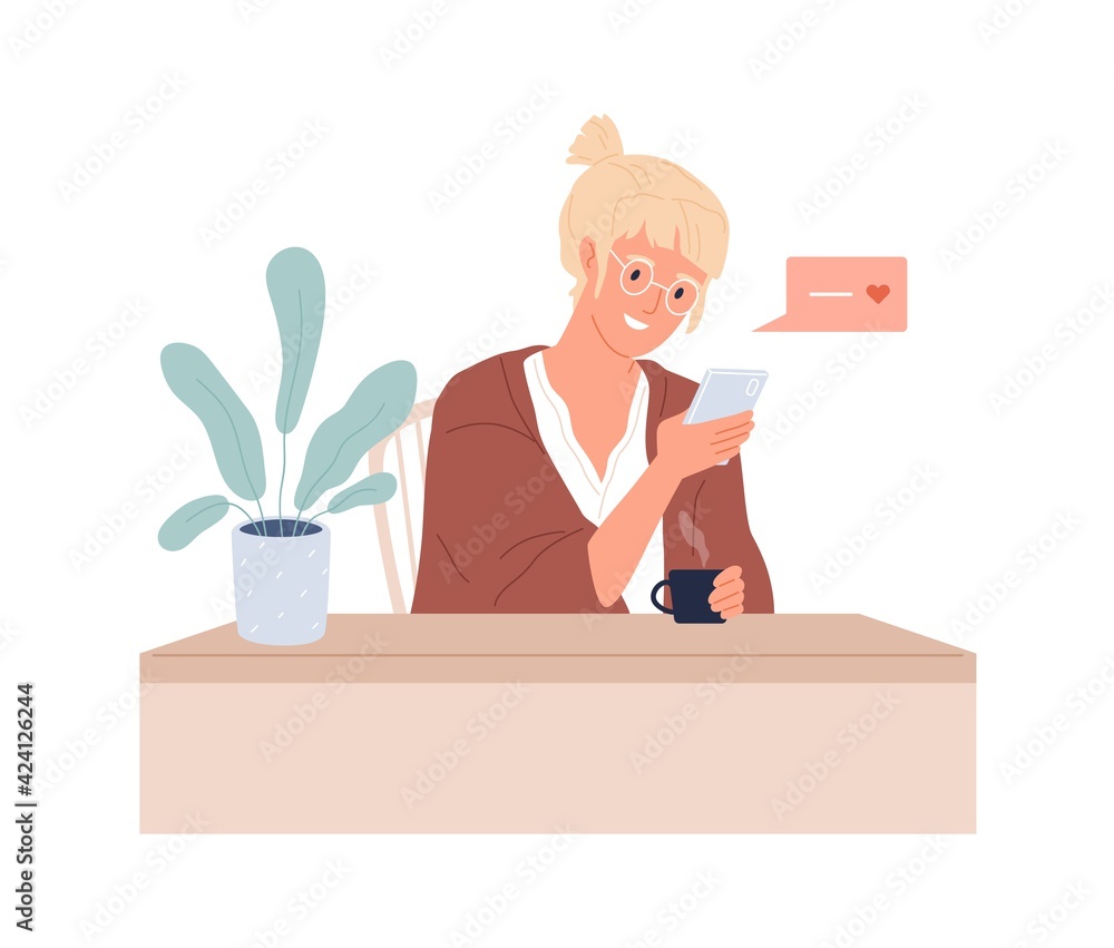 Poster woman with mobile phone texting to boyfriend online. love app user writing message in dating app. fe