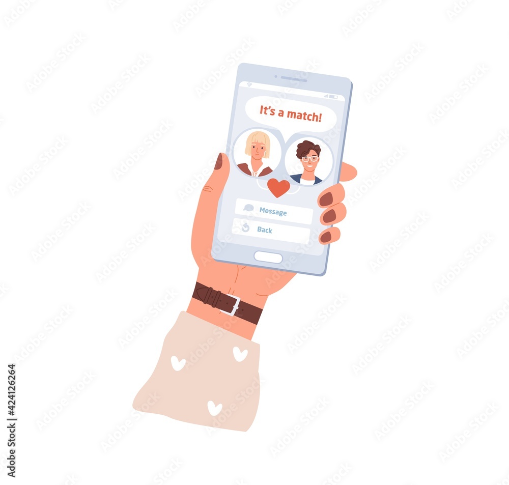 Poster female hand holding mobile phone with dating app interface. couple match in online application on sm