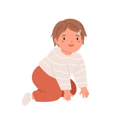 Happy smiling girl crawling. Portrait of kid in home clothes. Little child moving on knees and hands. Flat vector illustration of cute adorable baby isolated on white background