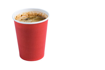 Coffee to go in a paper red glass without a lid isolate on a white background close-up, side view copy space from the right