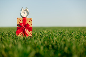 Alarm clock on gift box in green wheat field