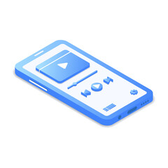 Smartphone with abstract application for watching movies. Digital gadget with Icons of menu, gear, play button.Vector illustration in modern isometric style. Isolated on white background