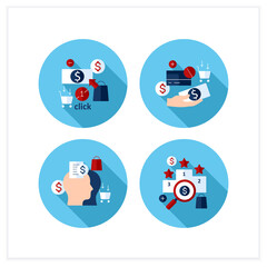 Fototapeta premium Mindful spendings flat icons set. Rating, accountability partner, one click buying, cash using. Buying fewer concepts.Vector collection
