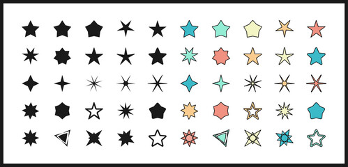 Set of black and colorful stars symbols sparkle icons. Collection of polygon simple logo design on white background. Big set collection stars cartoon for your graphic. Vector illustration.