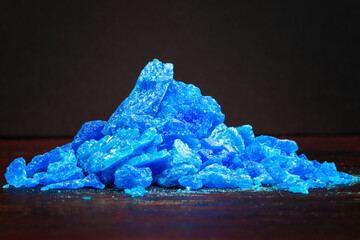 Close-up pile of copper sulfate. Blue chemical sulfate.