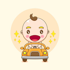 Cartoon illustration of cute baby boy character driving a car