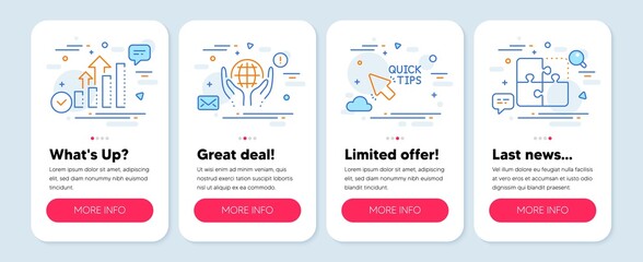 Set of Science icons, such as Quick tips, Organic tested, Analysis graph symbols. Mobile screen mockup banners. Puzzle line icons. Helpful tricks, Safe nature, Targeting chart. Vector