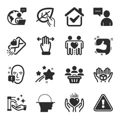 Set of People icons, such as Buyers, Face scanning, Hold heart symbols. Friends couple, Washing hands, Love letter signs. Hold box, Multitasking gesture, Face attention. Users chat, Like. Vector