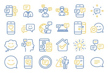 Message sms and Communication icons. Group chat, Conversation and Speech bubbles icons. SMS communication, Phone chat and Stop talking symbols. Conversation group, smartphone message, info. Vector