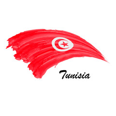 Watercolor painting flag of Tunisia. Brush stroke illustration