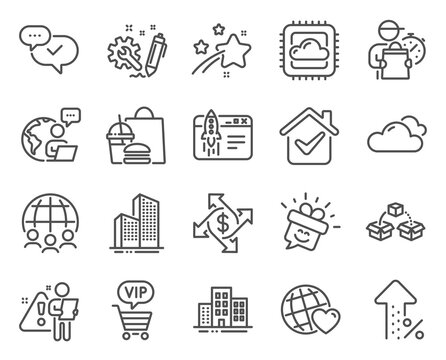 Business icons set. Included icon as Global business, Engineering, Skyscraper buildings signs. Approved, Increasing percent, Start business symbols. Friends world, Payment exchange, Smile. Vector
