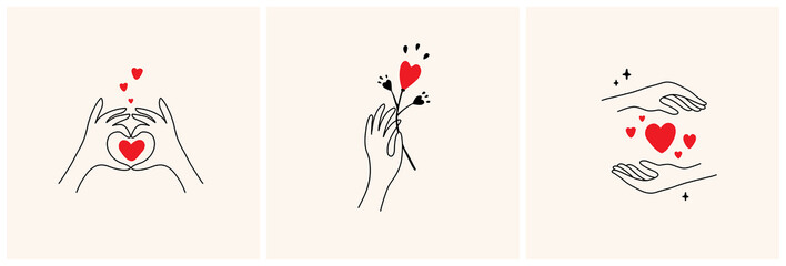 Female hands with red hearts. Set of abstract elegant vectors. Self, skin or body care, share love, love yourself icons. Logo for wedding design, cosmetics, beauty. Illustration of hand holding flower - obrazy, fototapety, plakaty