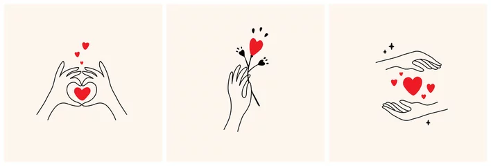 Poster Female hands with red hearts. Set of abstract elegant vectors. Self, skin or body care, share love, love yourself icons. Logo for wedding design, cosmetics, beauty. Illustration of hand holding flower © OlgaStrelnikova