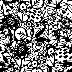 Seamless pattern flowers leaves abstract doodle hand drawn lines scandinavian style white black background. fashion print, trend of the season Can be used for Gift wrap fabrics wallpapers. Vector